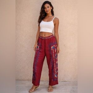 Red Floral Embroidery Jacquard Pants 💯 linen NWT